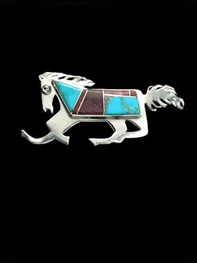 Native American Ted Etsitty sterling silver multi stone horse brooch pin Signed